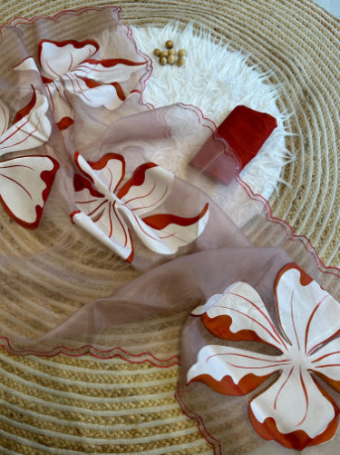 Red Kora Organza Silk Handpainted Floral Saree