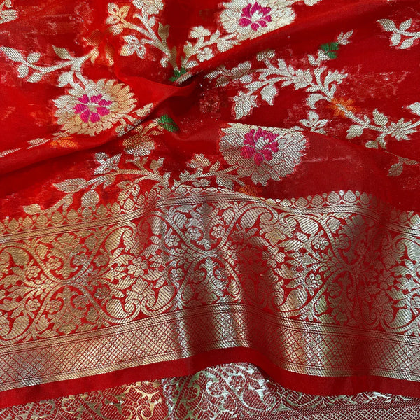 Red Semi Georgette Silk Alfi Meena Khaddi Banarasi Saree