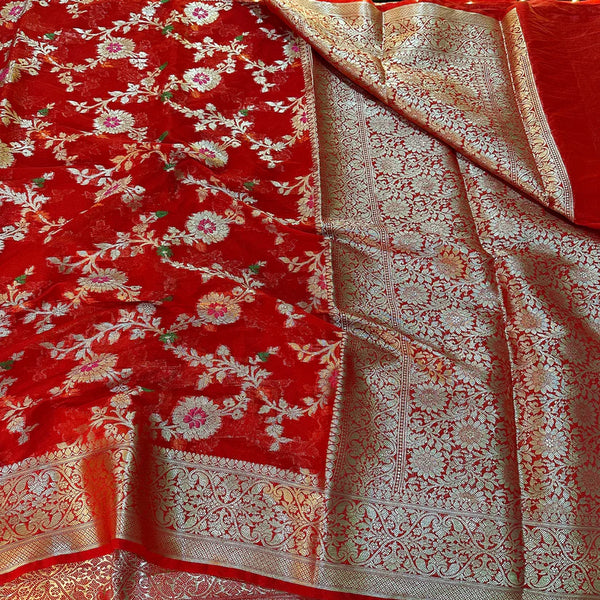 Red Semi Georgette Silk Alfi Meena Khaddi Banarasi Saree