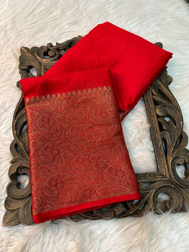 Red Warm Silk Kaat Bandh Weave Banarasi Saree