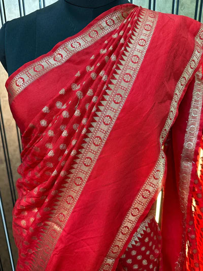 Red Warm Silk Zari Embossed Banarasi Saree