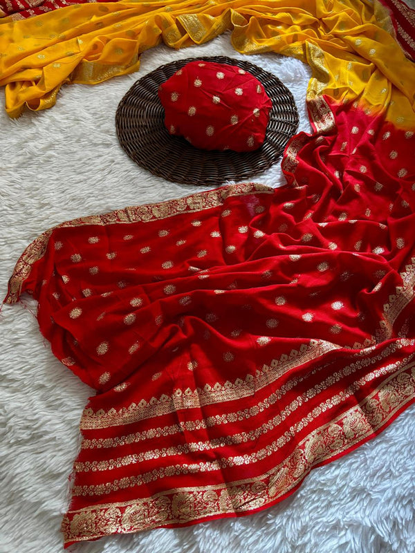 Red with Yellow Shade Viscose Georgette Saree