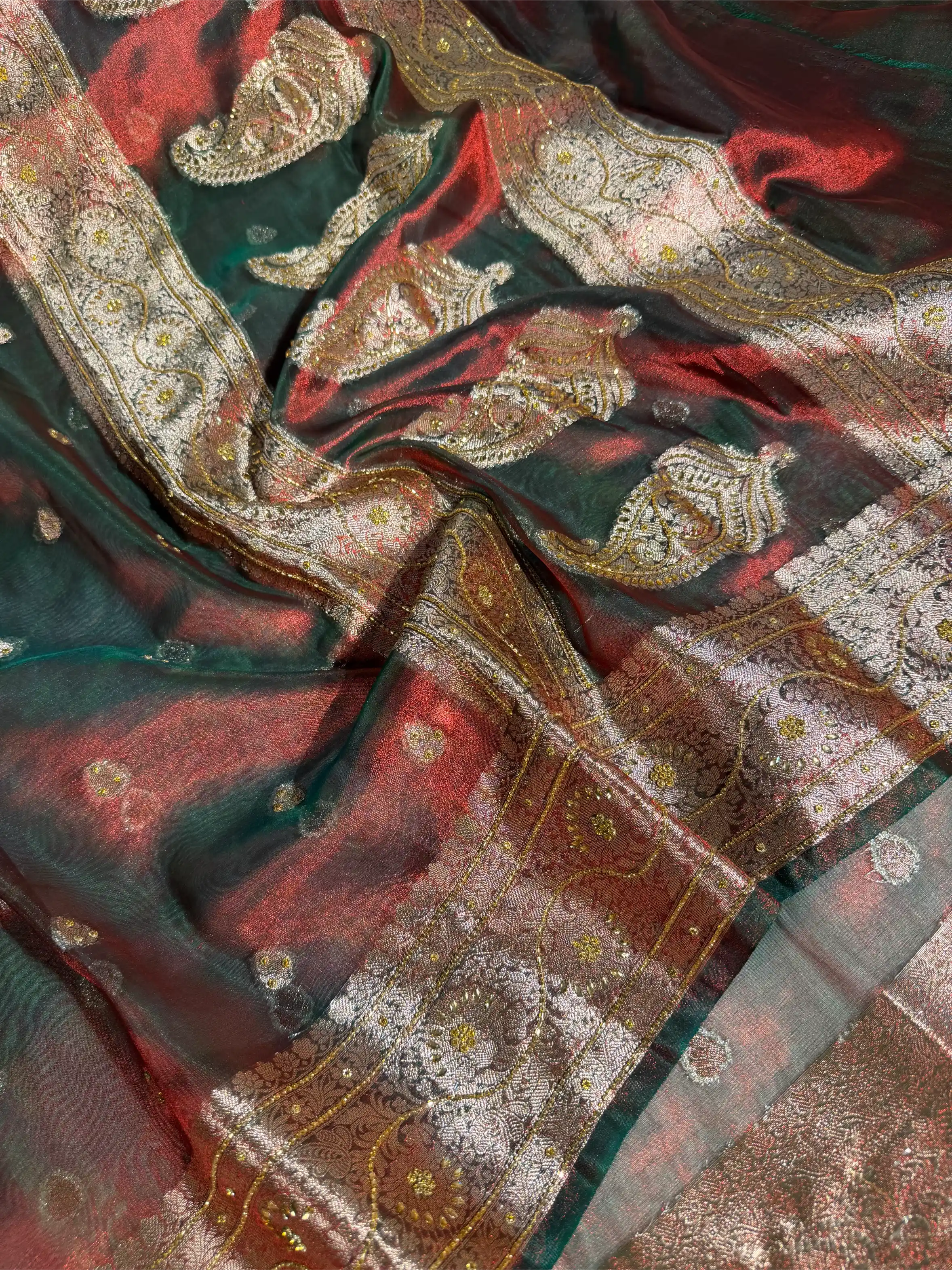 Reddish Green Heritage Tissue Silk Handwork Banarasi Saree