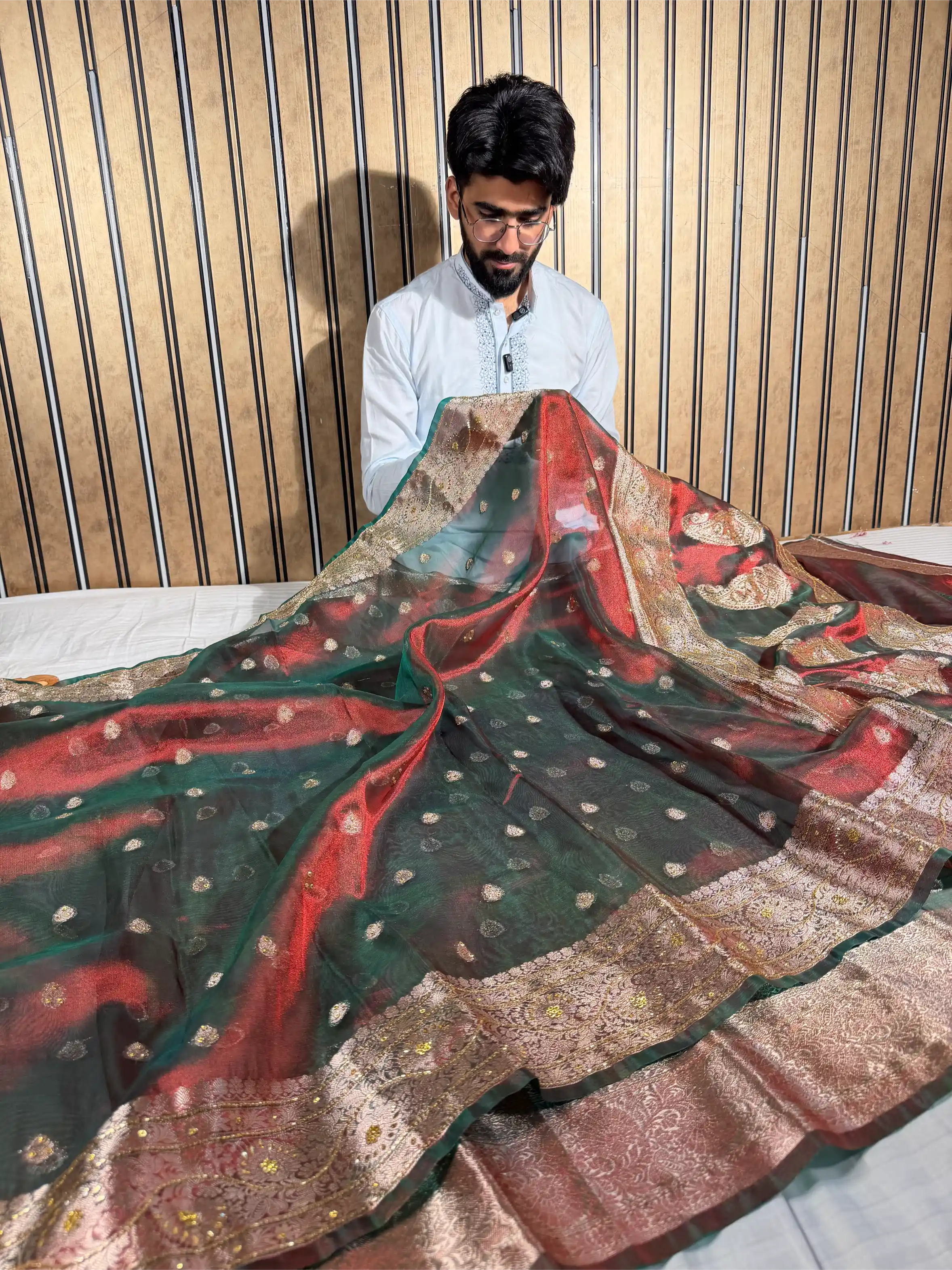 Reddish Green Heritage Tissue Silk Handwork Banarasi Saree