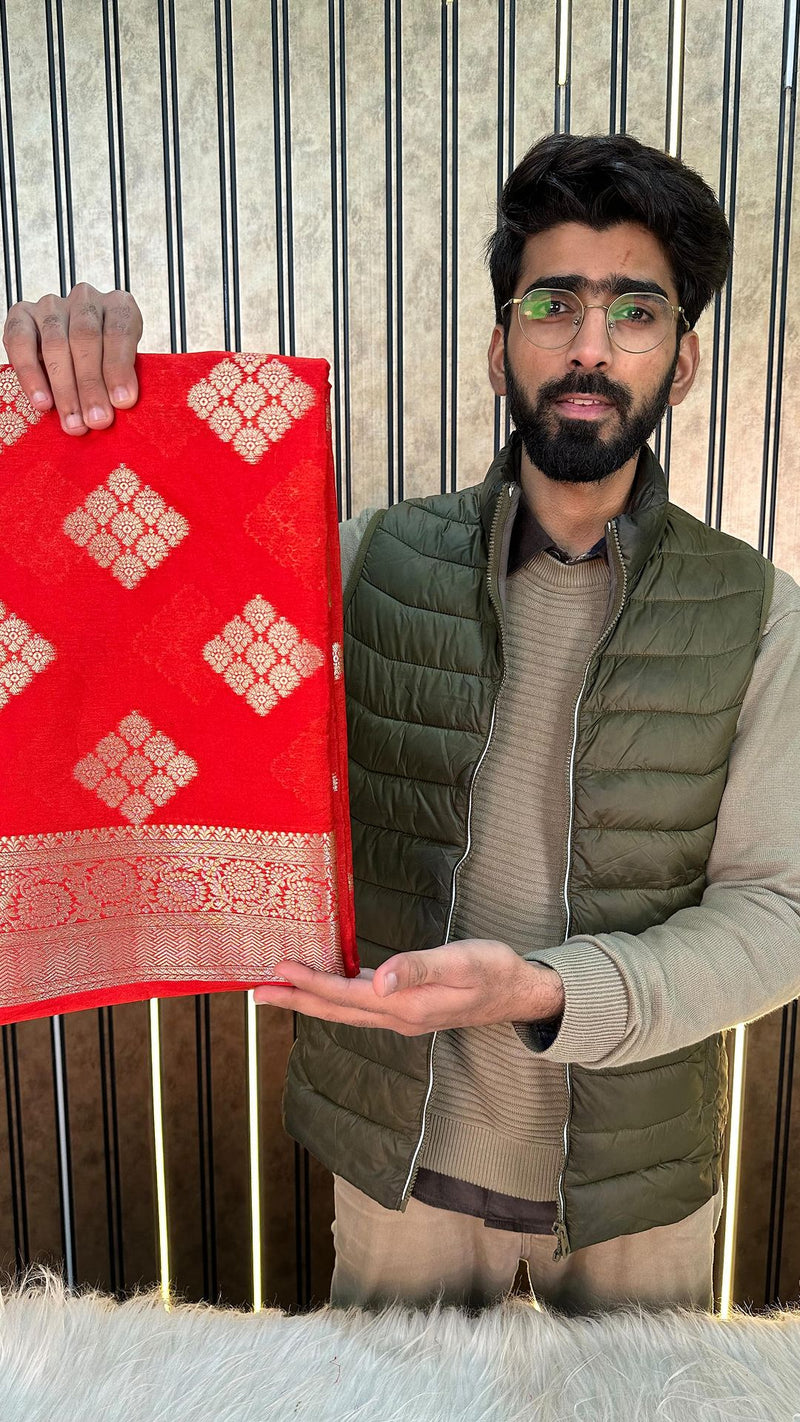 Classy Light Red Colour Shade in Beautiful Warm Silk Banarasi