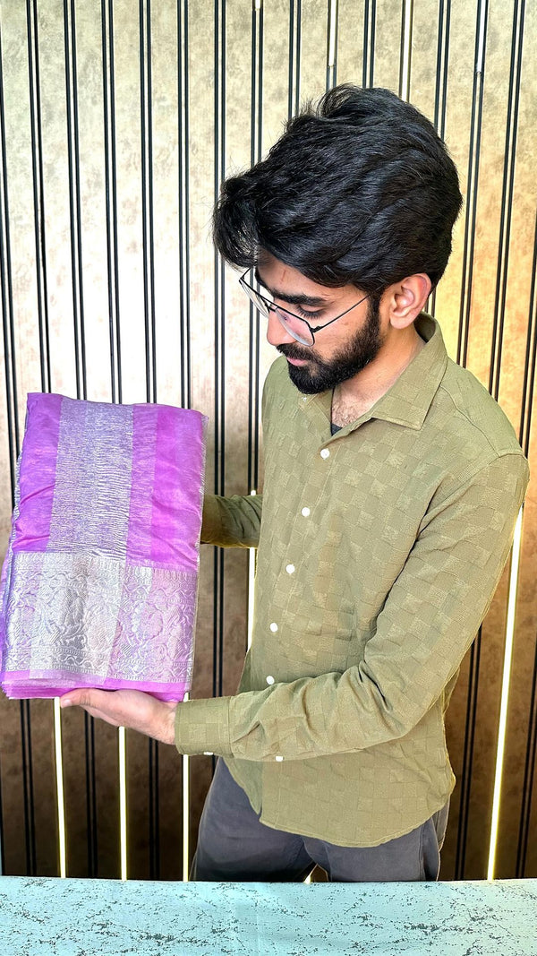 Light Lavender Shade Soft Tissue Silk Saree in Crush Pattern