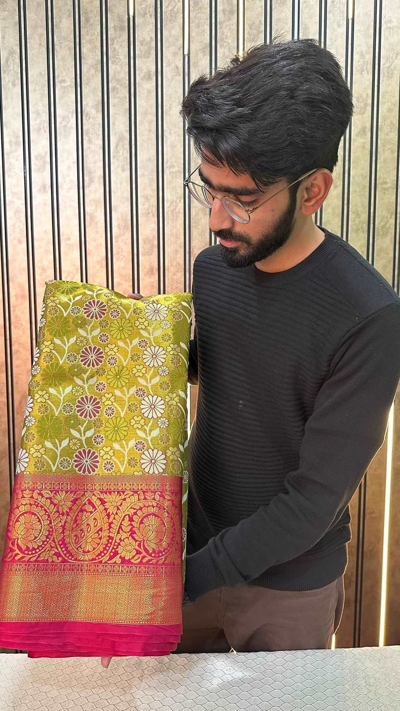 Mehandi Green Tissue Silk Floral Meenakari Banarasi Saree