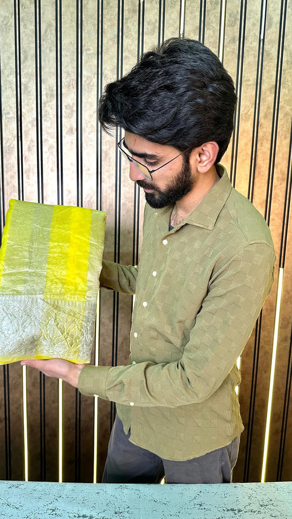 Light Yellow Shade Soft Tissue Silk Saree in Crush Pattern
