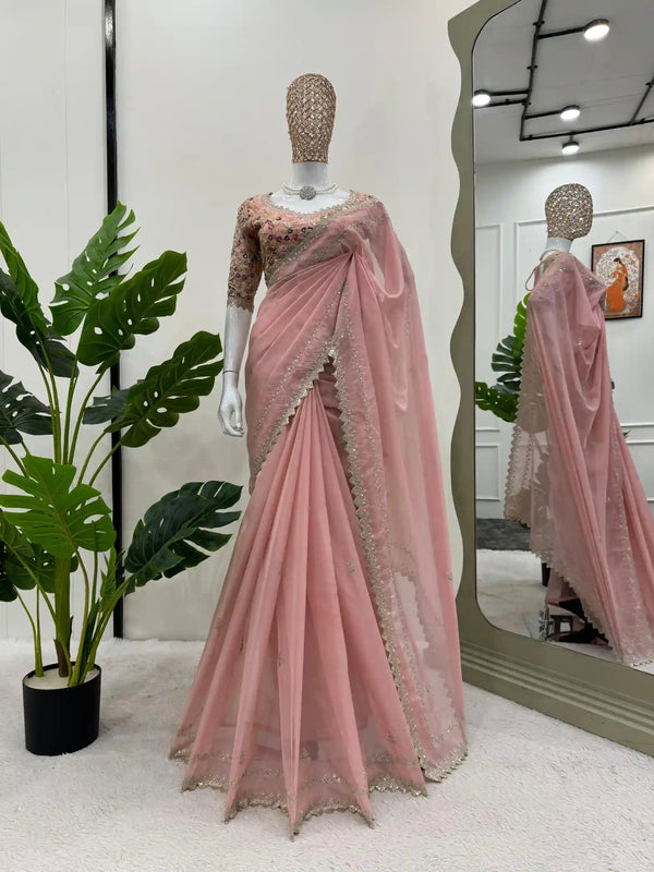 Rose Pink Shimmery Organza Silk Saree