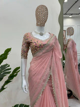 Rose Pink Shimmery Organza Silk Saree