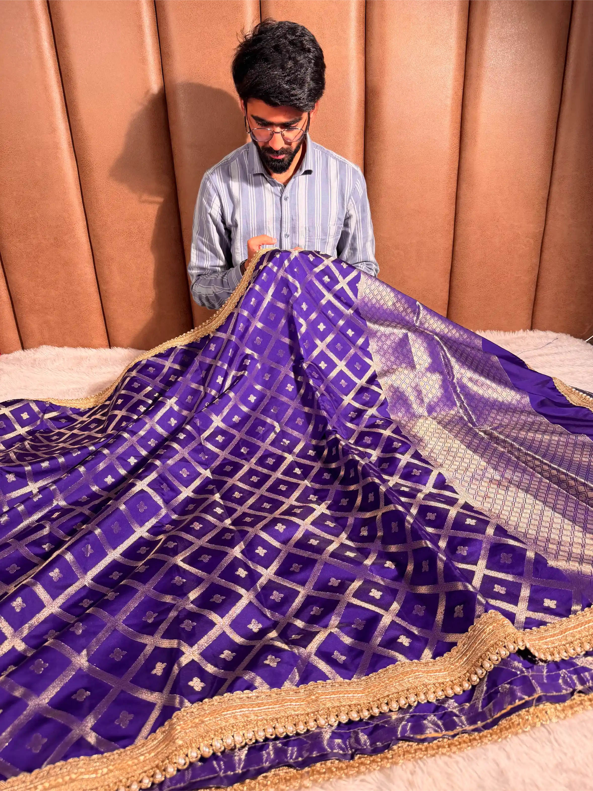 Royal Blue Chinia Silk Checkered Designer Banarasi Saree
