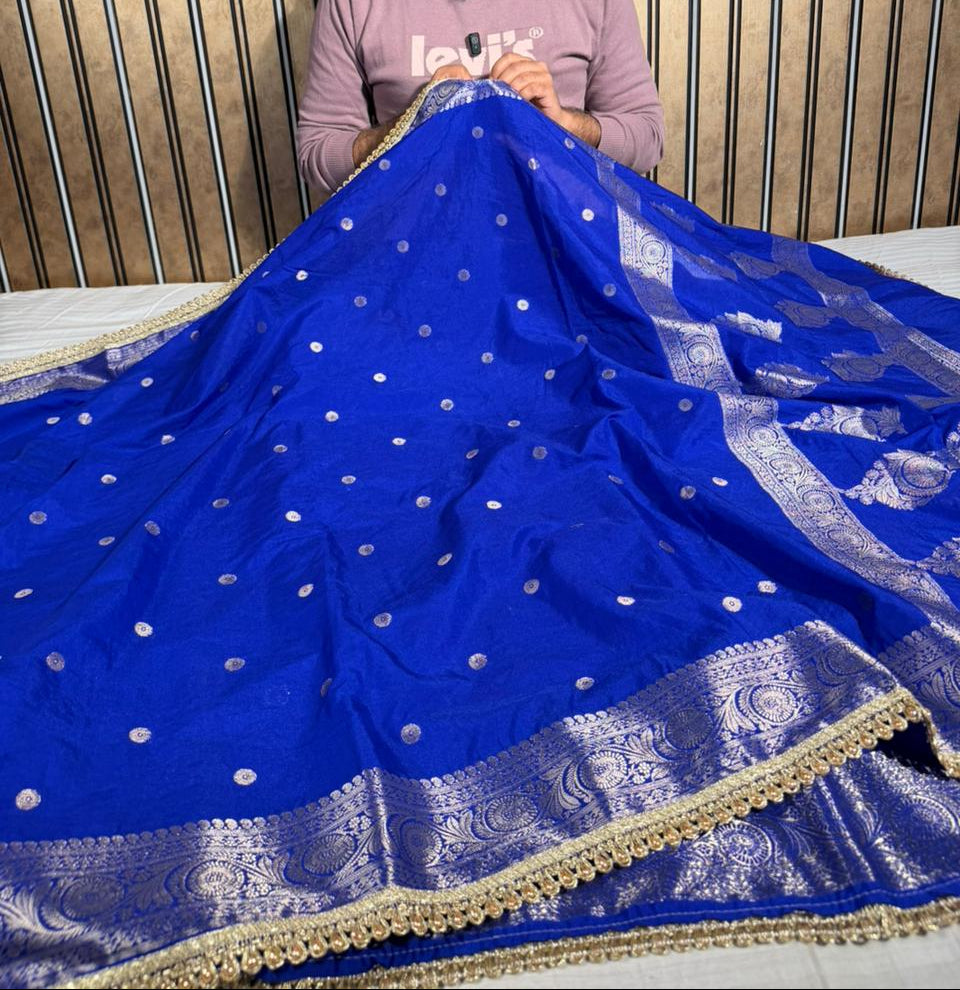 Royal Blue Chinia Silk Premium Lace Attached Banarasi Saree