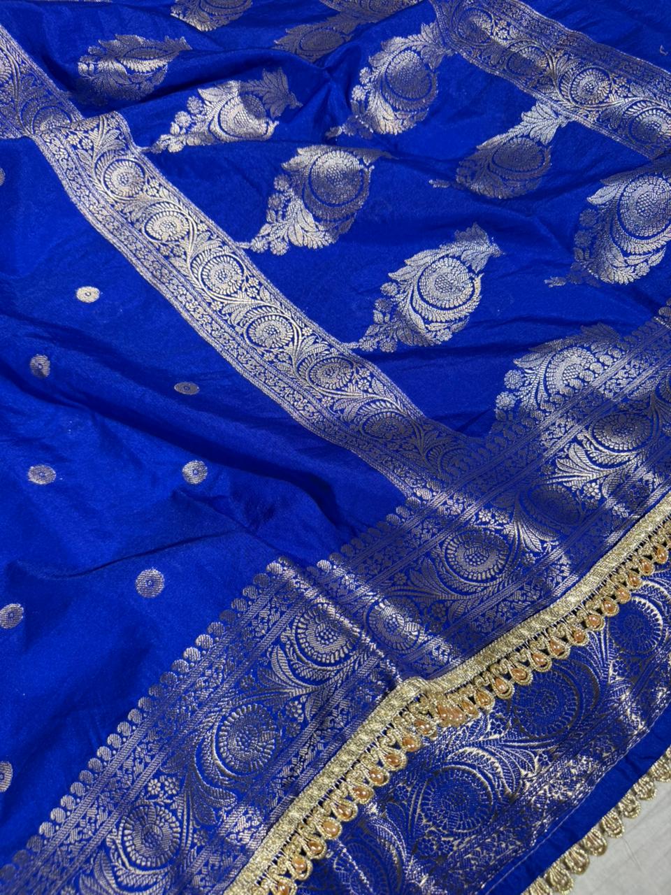 Royal Blue Chinia Silk Premium Lace Attached Banarasi Saree