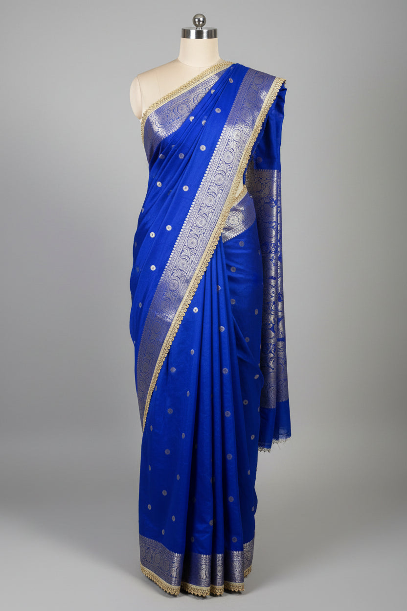 Royal Blue Chinia Silk Premium Lace Attached Banarasi Saree
