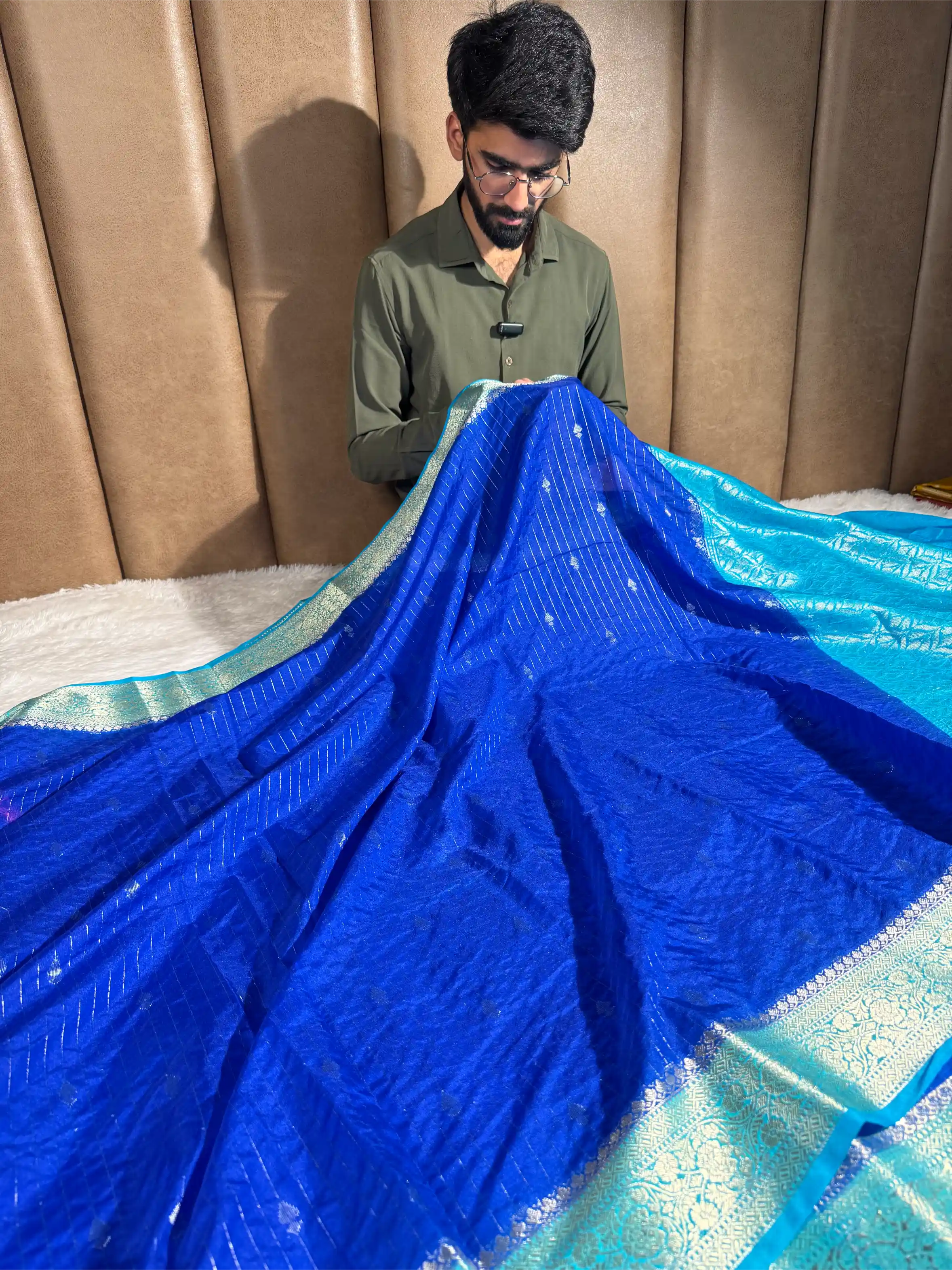 Royal Blue Chinia Silk with Contrast Firozi Border Banarasi Saree