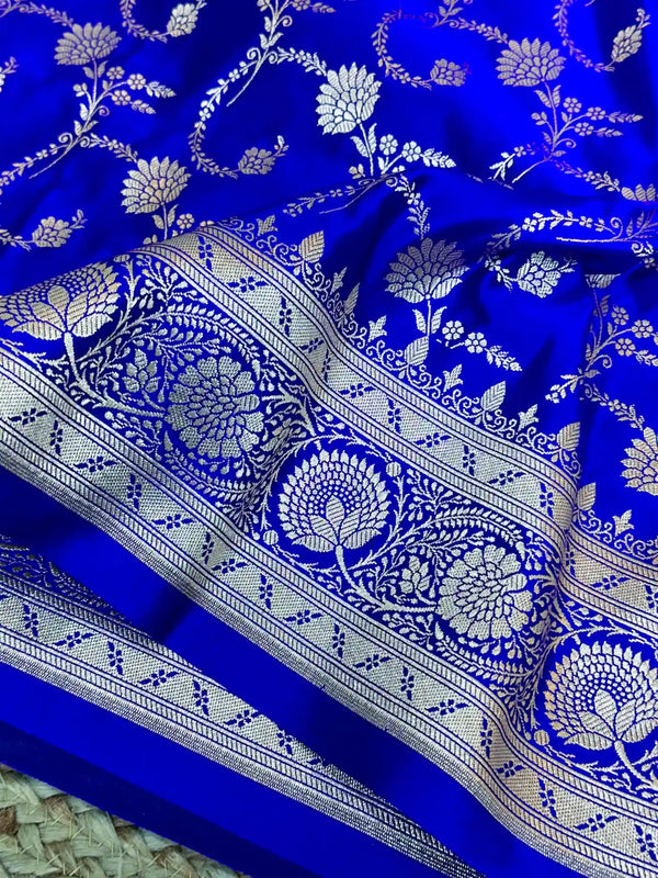 Royal Blue Floral Mashru Katan Silk Banarasi Saree