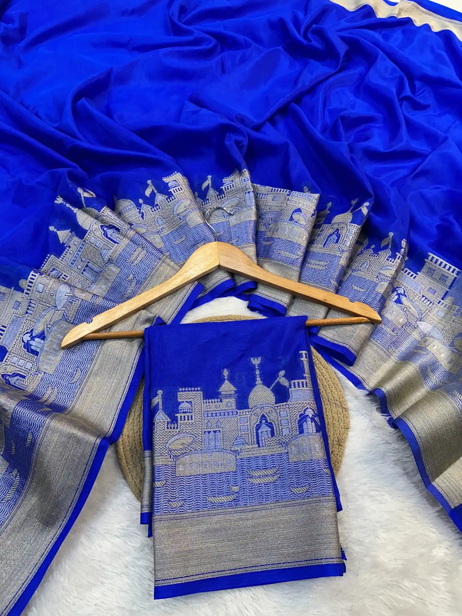 Royal Blue Georgette Silk Ghat Pattern Banarasi Saree