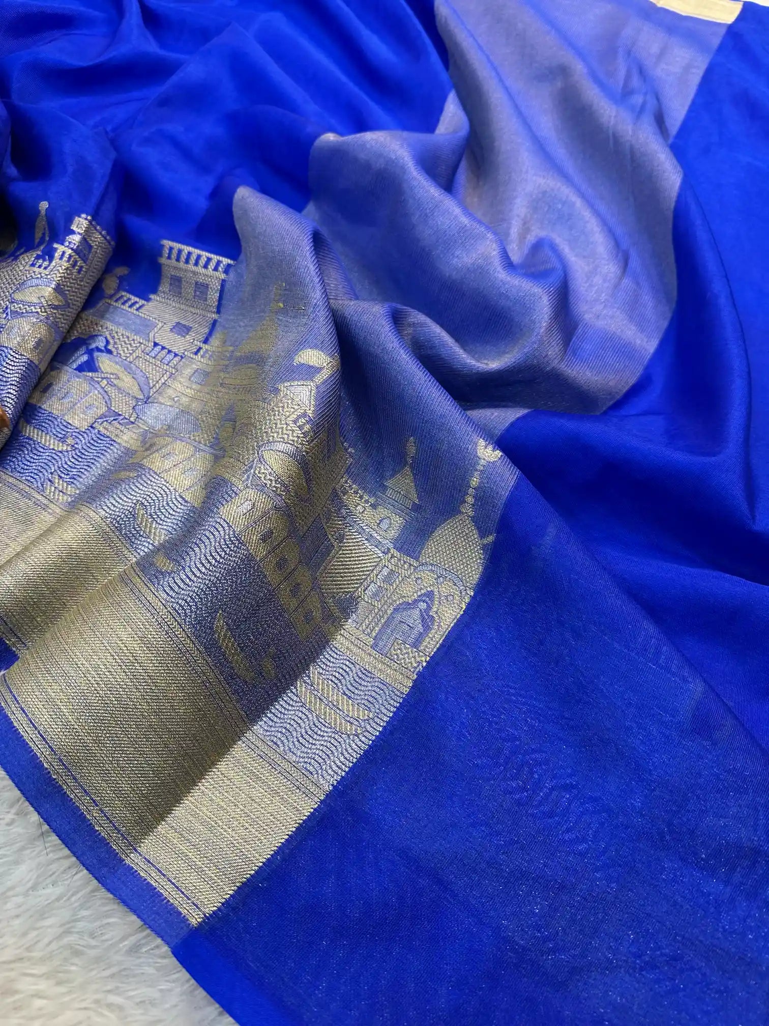 Royal Blue Georgette Silk Ghat Pattern Banarasi Saree