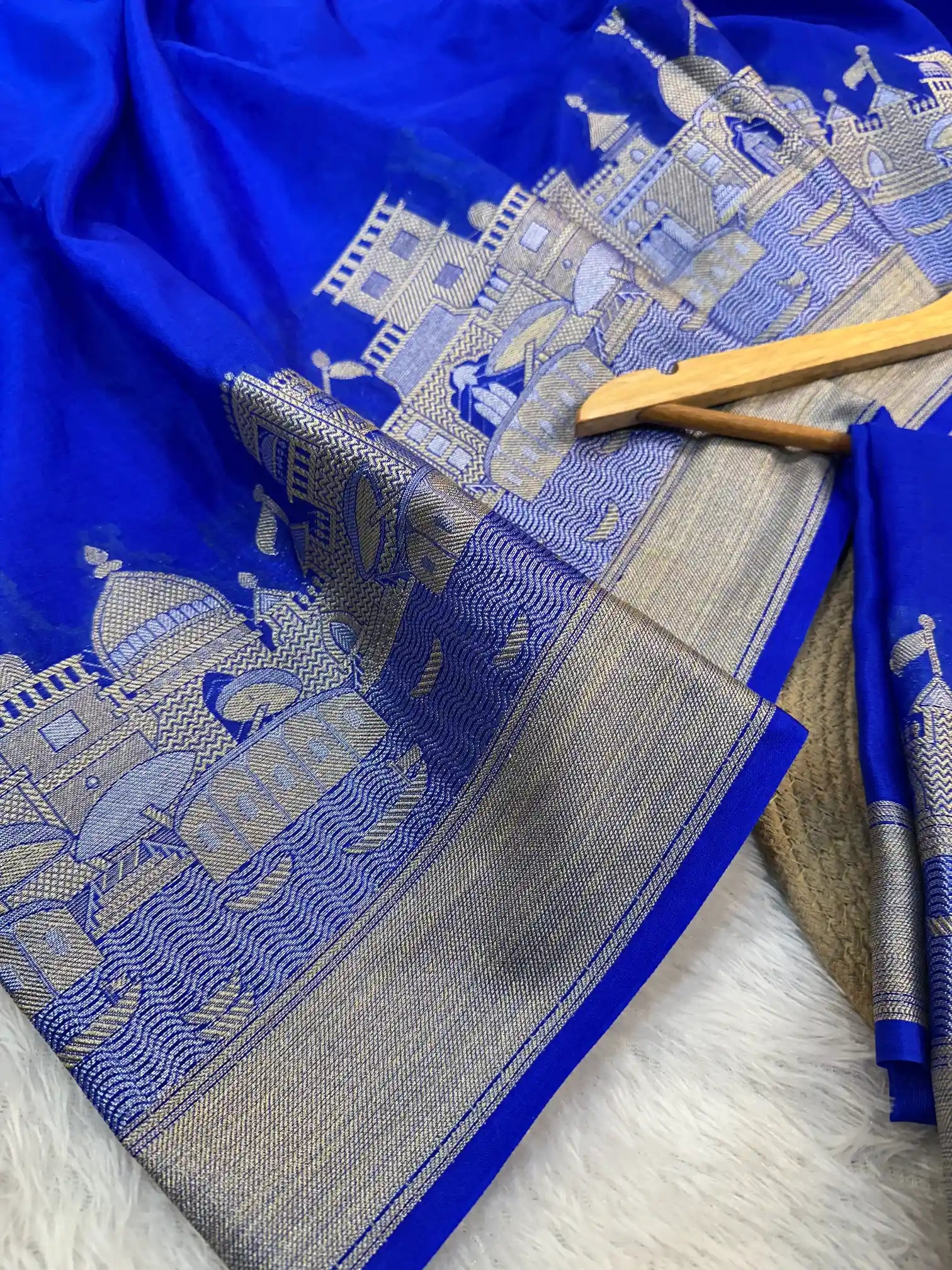 Royal Blue Georgette Silk Ghat Pattern Banarasi Saree