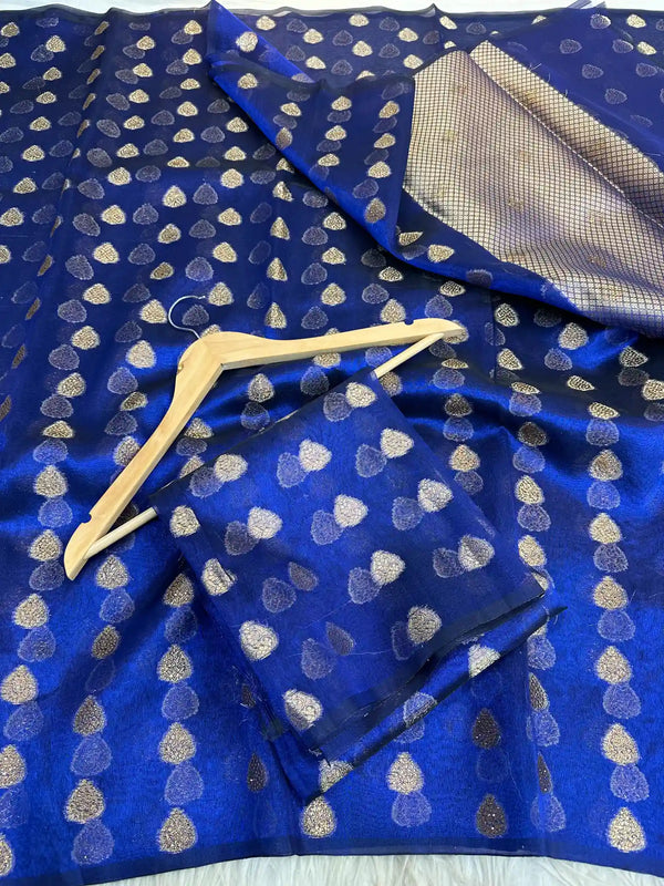 Royal Blue Glass Tissue Saree with Stones Embedded