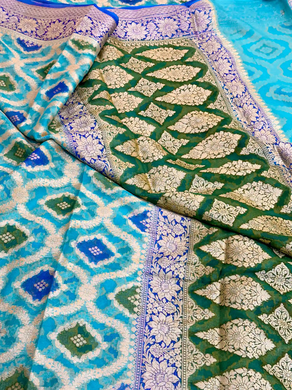 Royal Blue Hand Brush Dyed Chiffon Khaddi Banarasi Saree