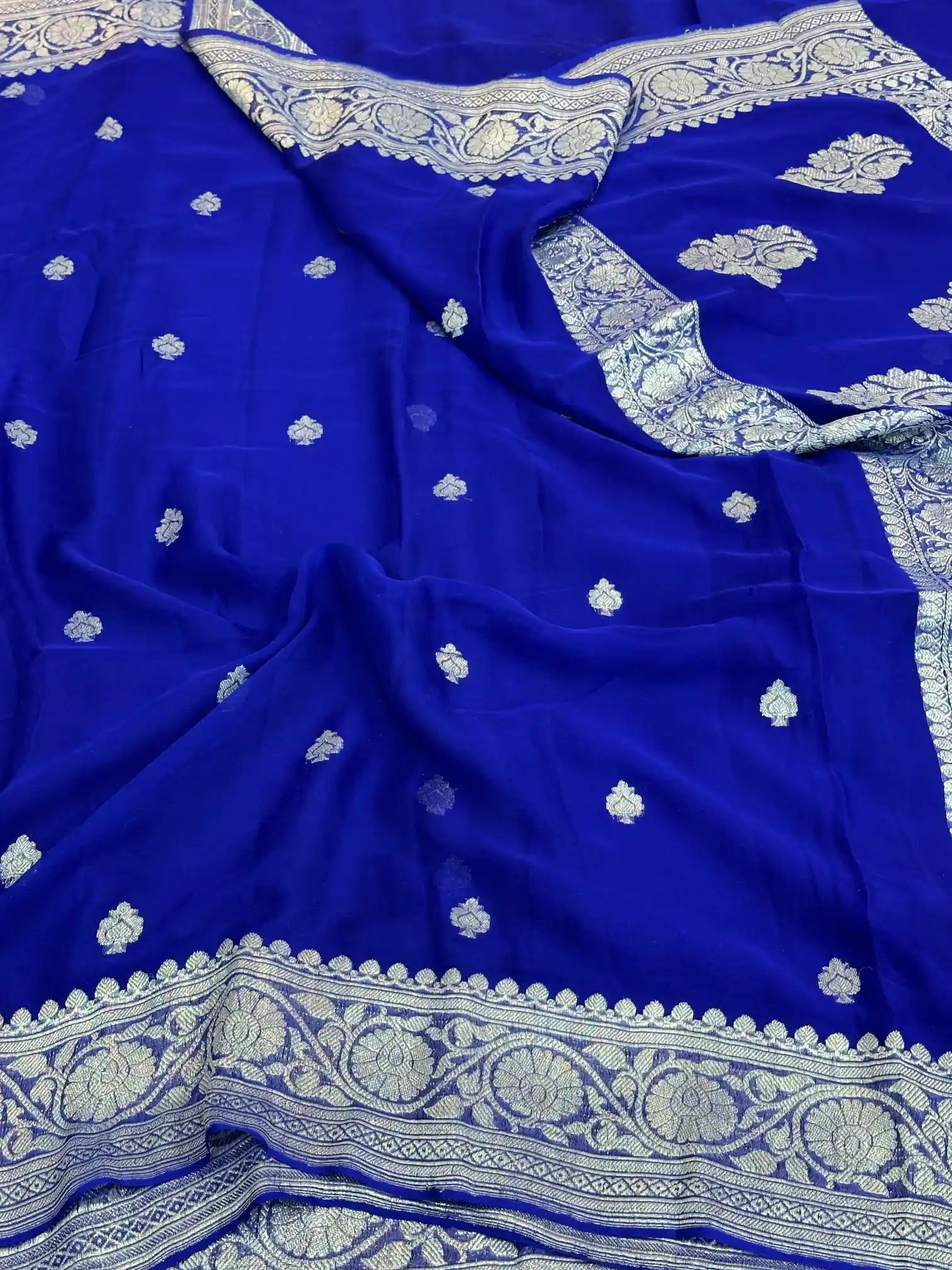 Royal Blue Handwoven Pure Khaddi Chiffon Banarasi Saree