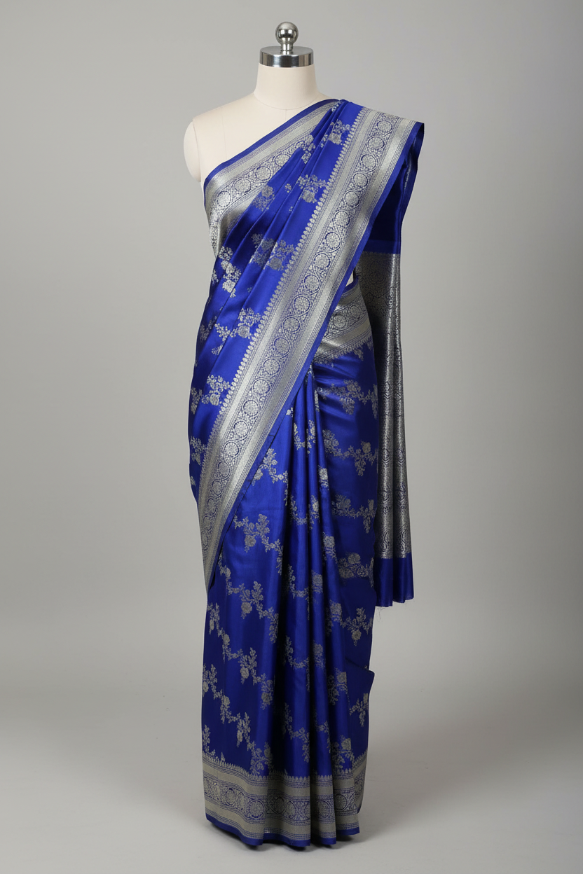 Royal Blue Mashru Katan Silk Silver Zari Leheriya Weave Banarasi Saree