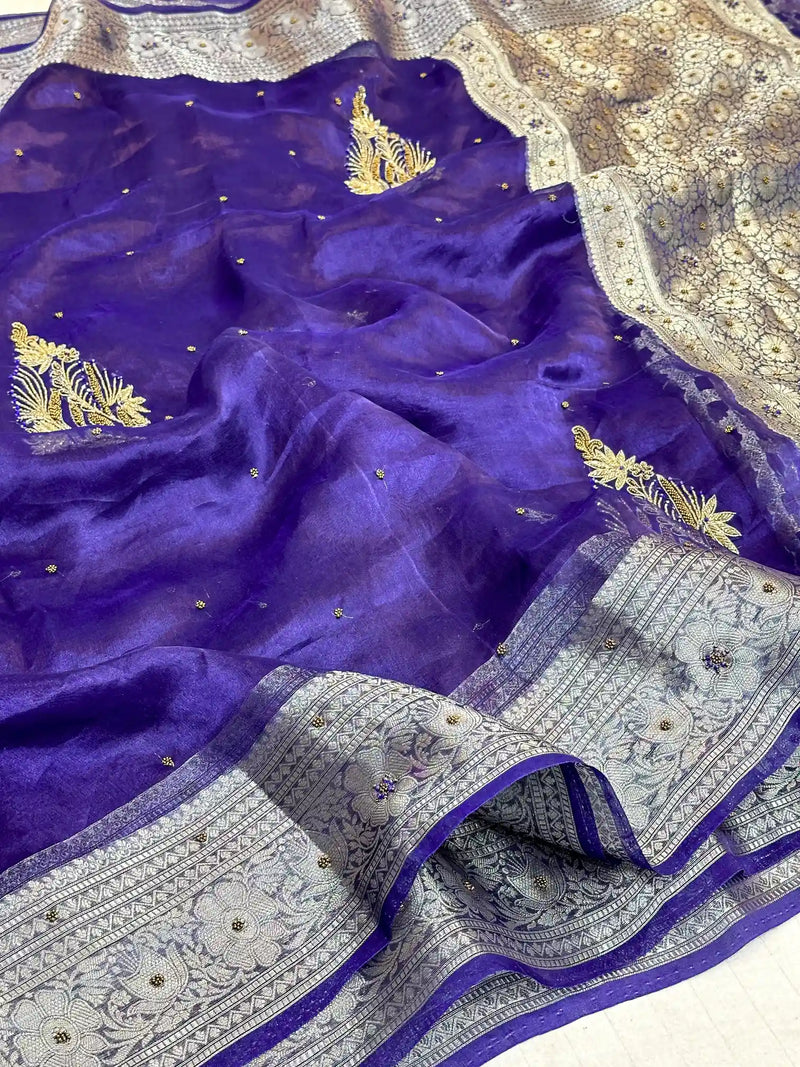 Royal Blue Premium Handwork Pure Tissue Silk Banarasi Saree