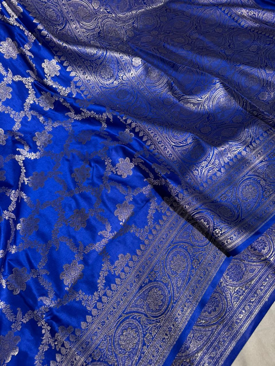 Royal Blue Satin Silk Heritage Floral Weave Banarasi Saree