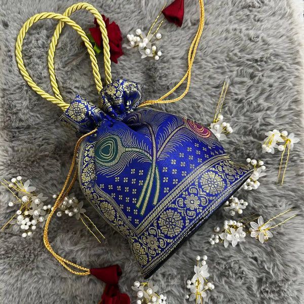 Royal Blue Shade Banarasi Potli Bags