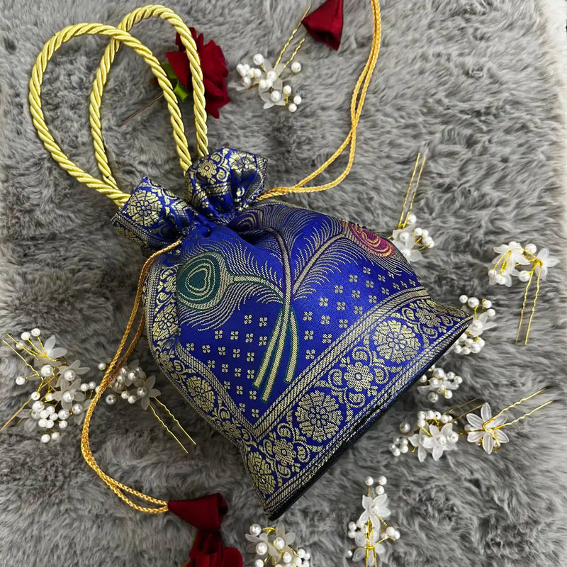 Royal Blue Shade Banarasi Potli Bags