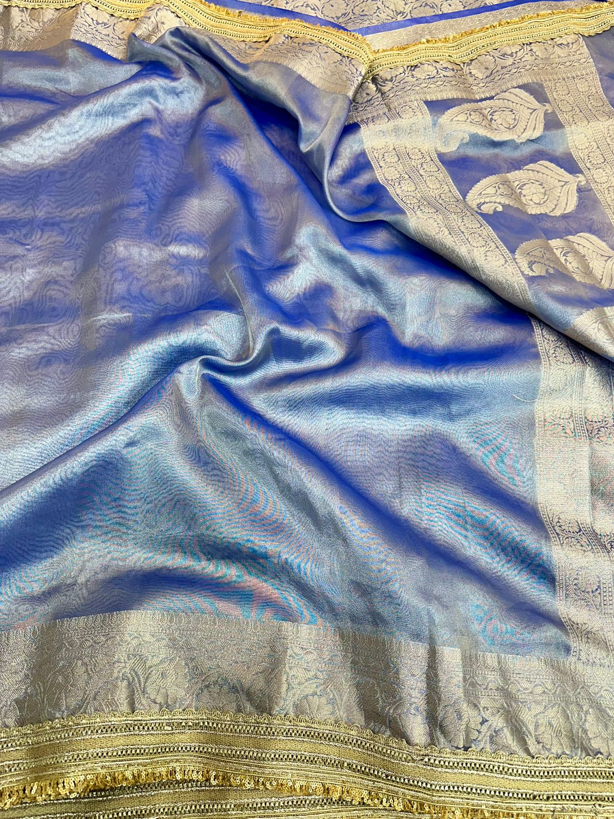 Royal Blue Tissue Silk Lace Attached Banarasi Saree