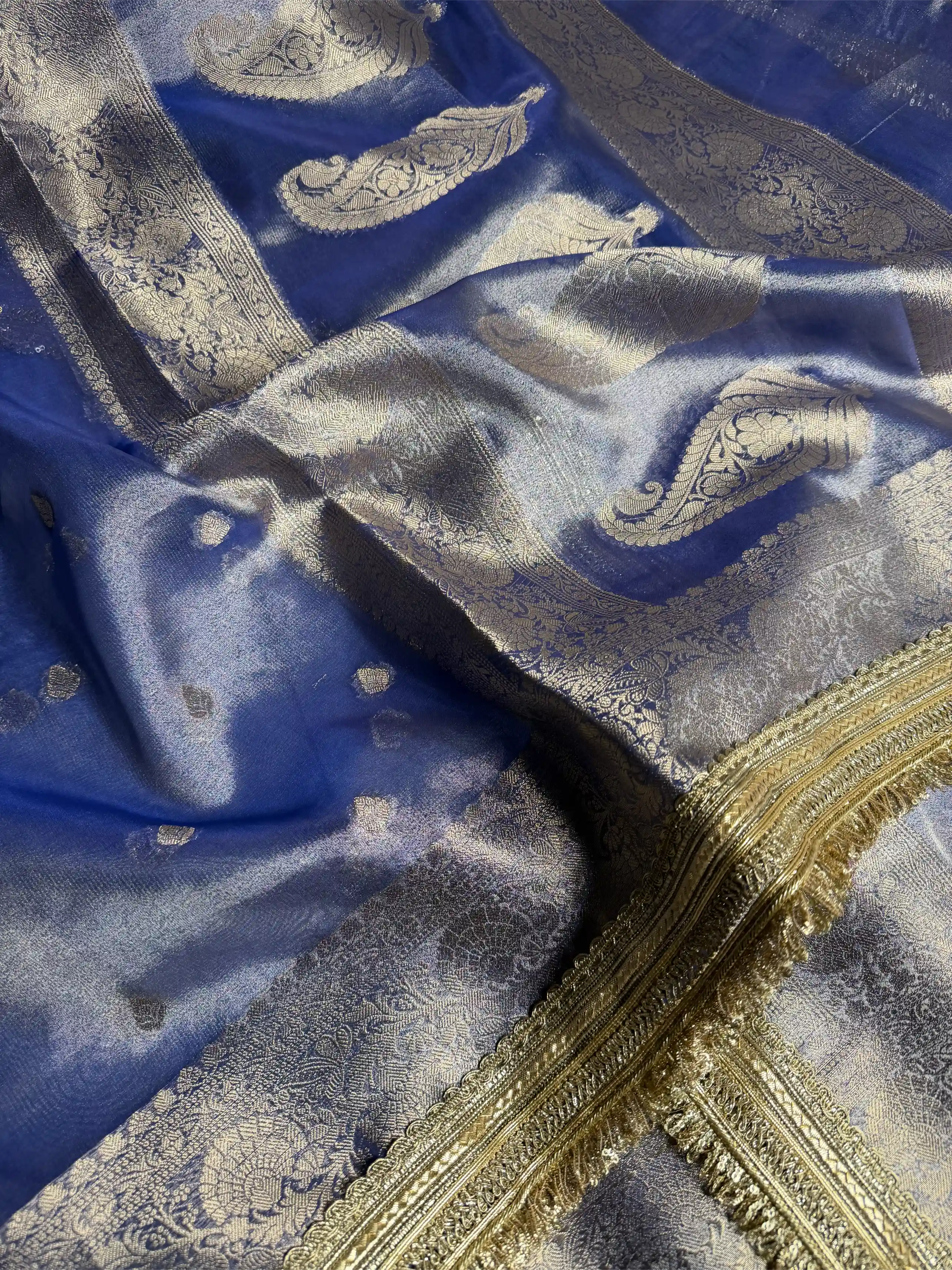 Royal Blue Tissue Silk Lace Attached Banarasi Saree