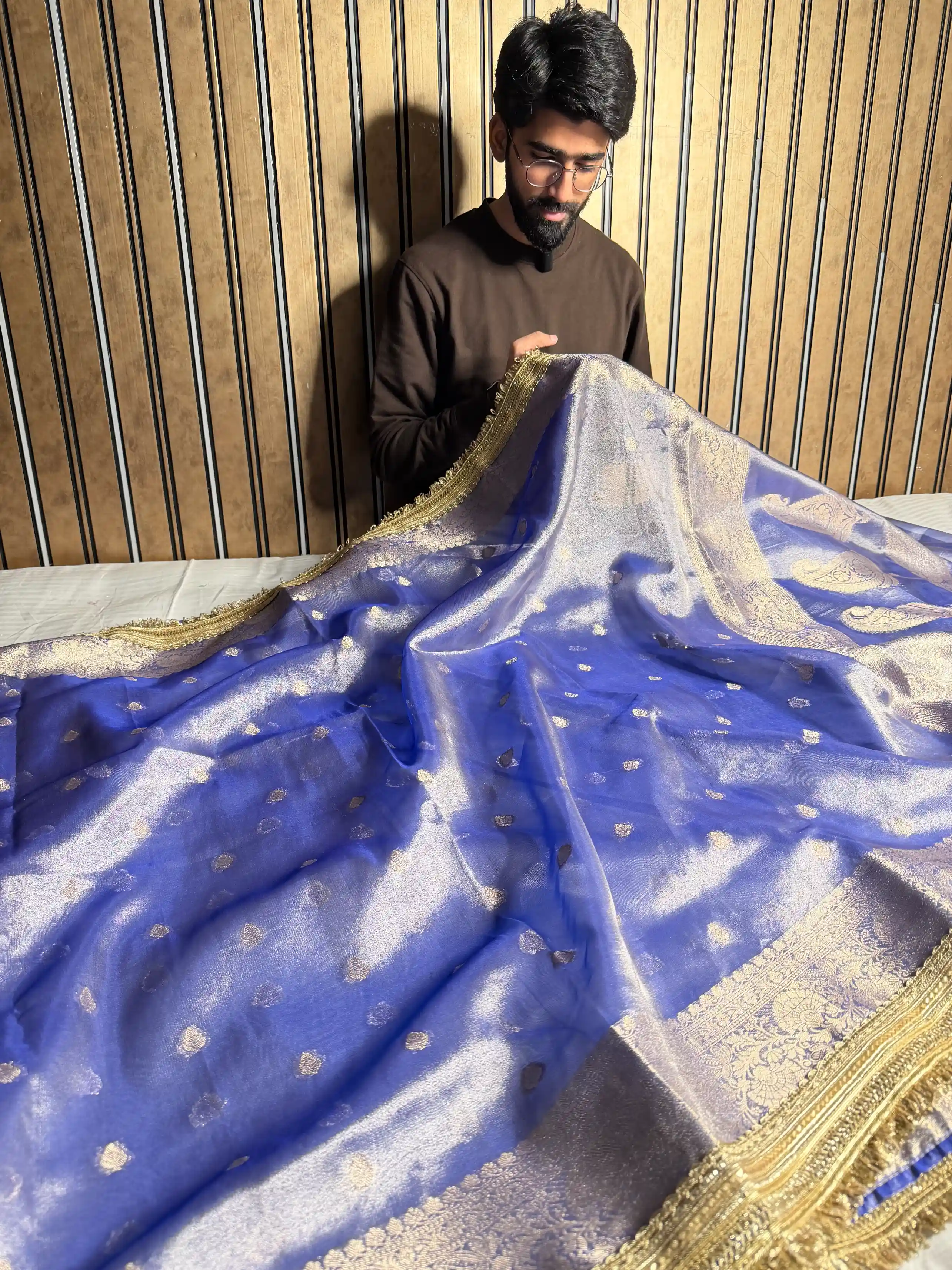 Royal Blue Tissue Silk Lace Attached Banarasi Saree