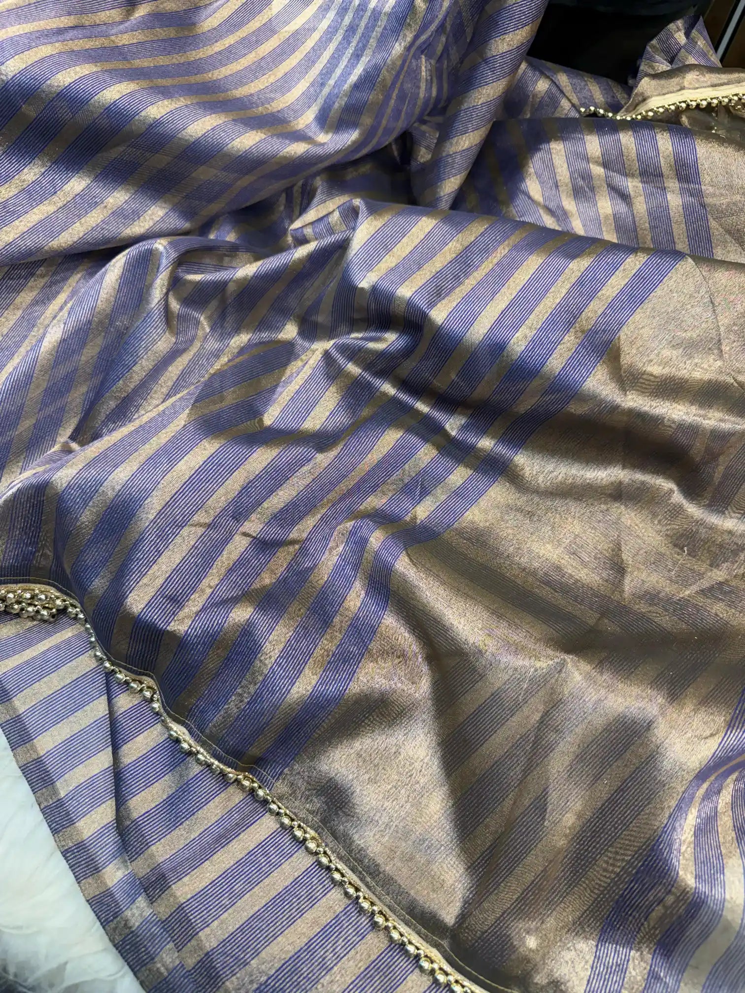 Royal Blue Tissue Silk Moti Lace Work Banarasi Saree