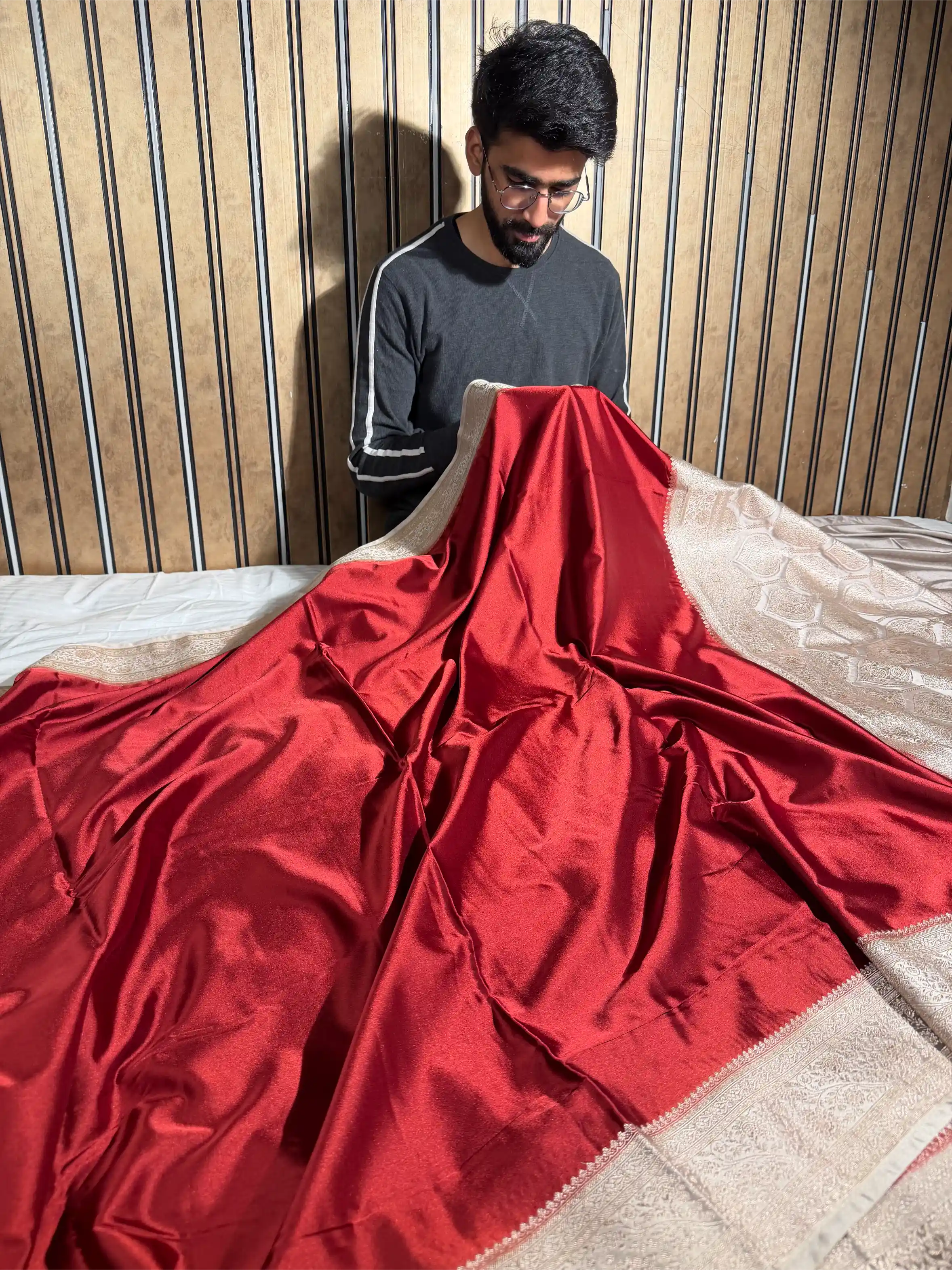 Royal Maroon with Contrast Beige Shade Mashru Katan Silk Banarasi Saree