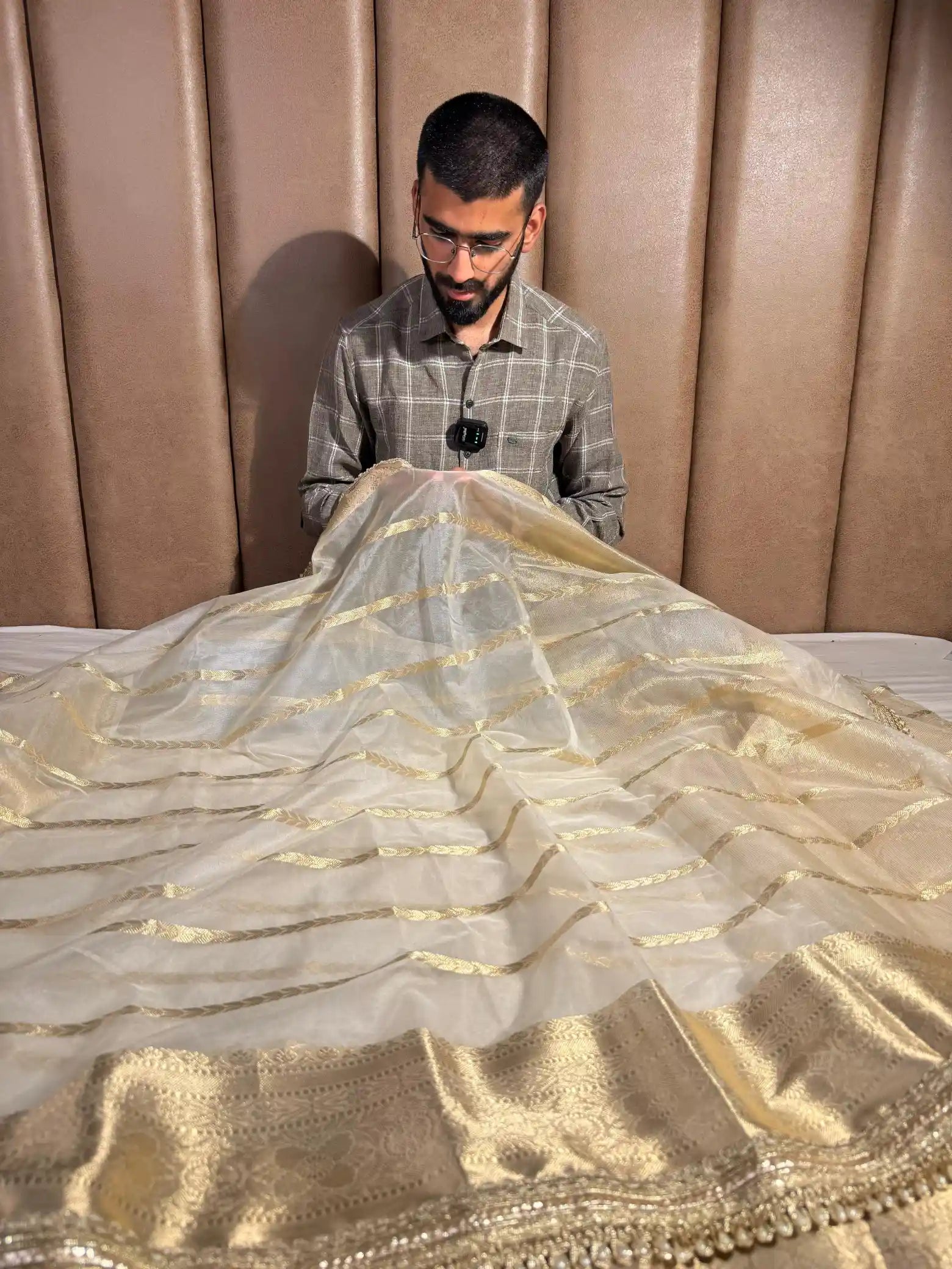 Royal Treasure Ivory Shade Kora Organza Banarasi Saree with Designer Lace Work
