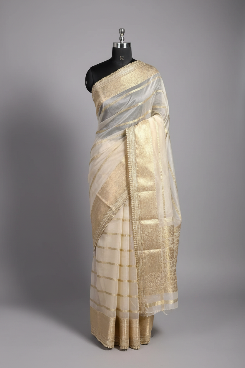 Ivory Kora Organza Silk Designer Lace Work Banarasi Saree
