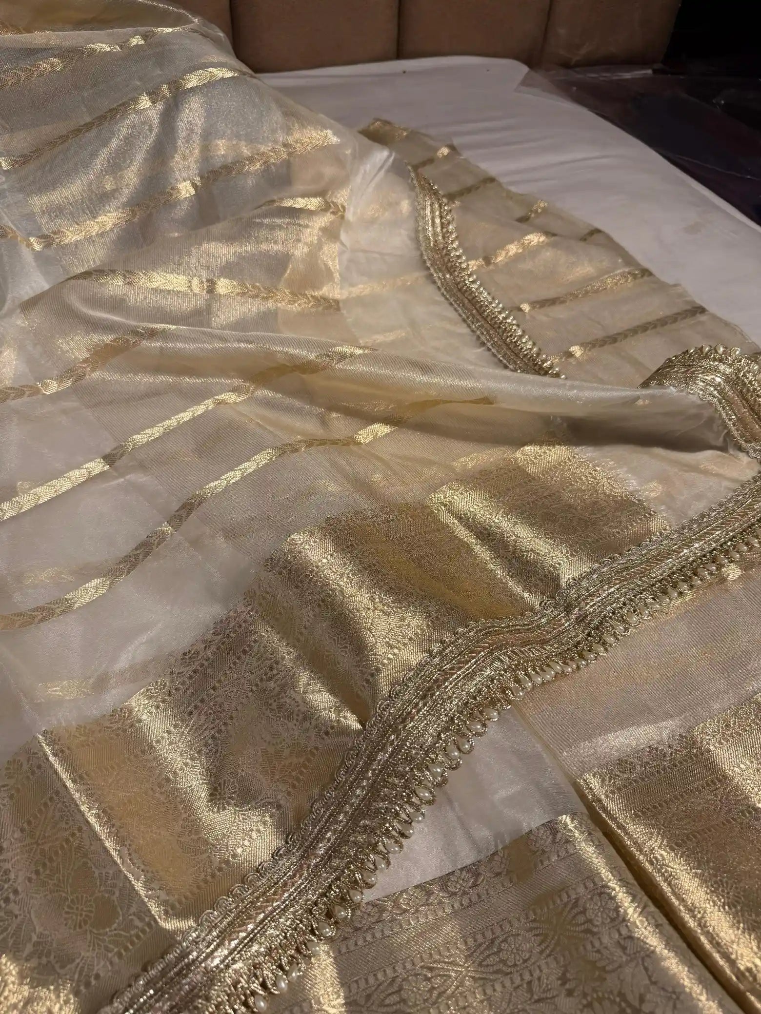 Royal Treasure Ivory Shade Kora Organza Banarasi Saree with Designer Lace Work