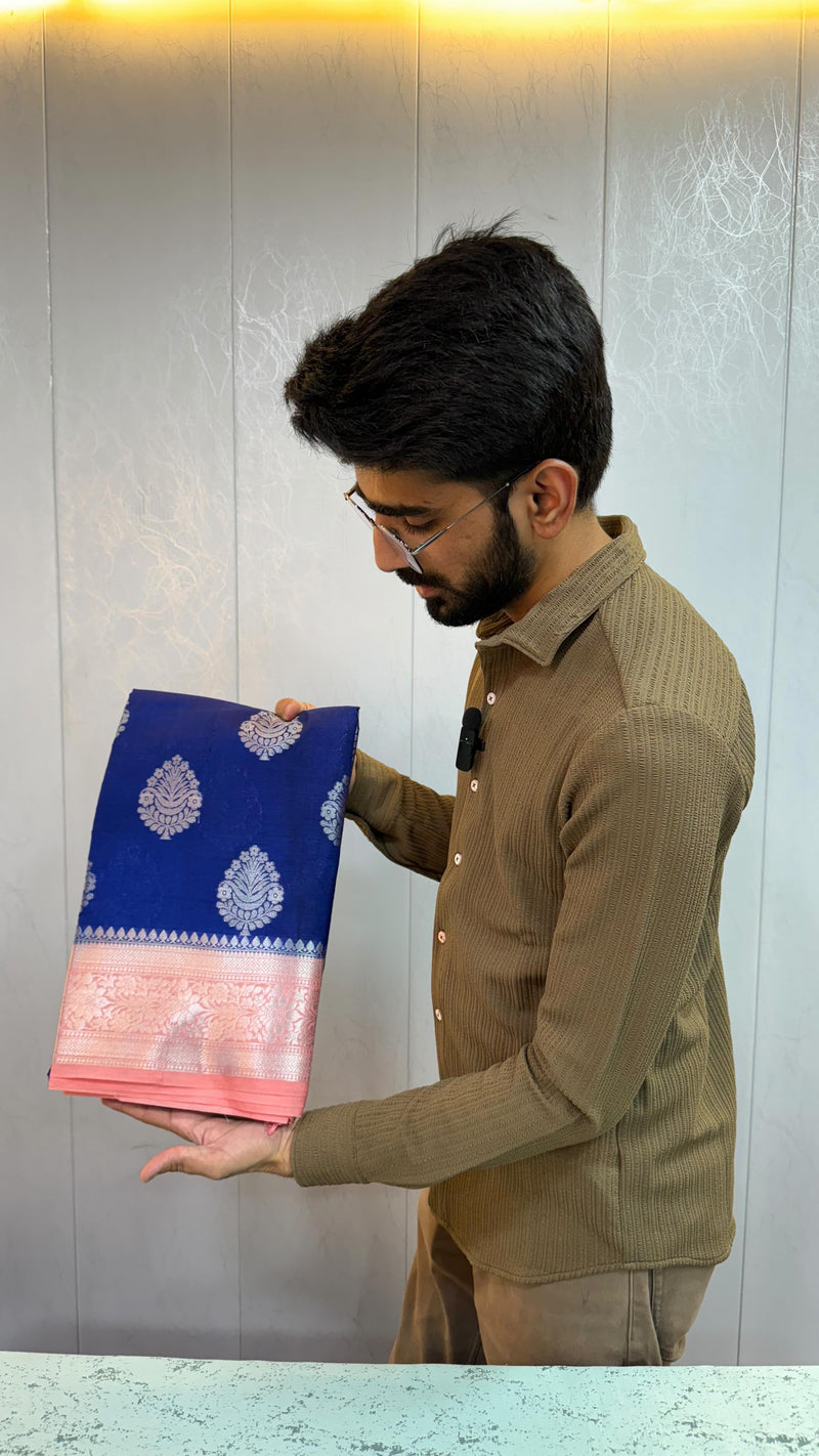 Royal Blue Chinia Silk Banarasi Saree