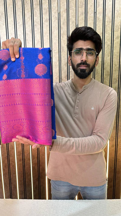 Royal Blue Cotton Silk Brocade Embossed Banarasi Saree