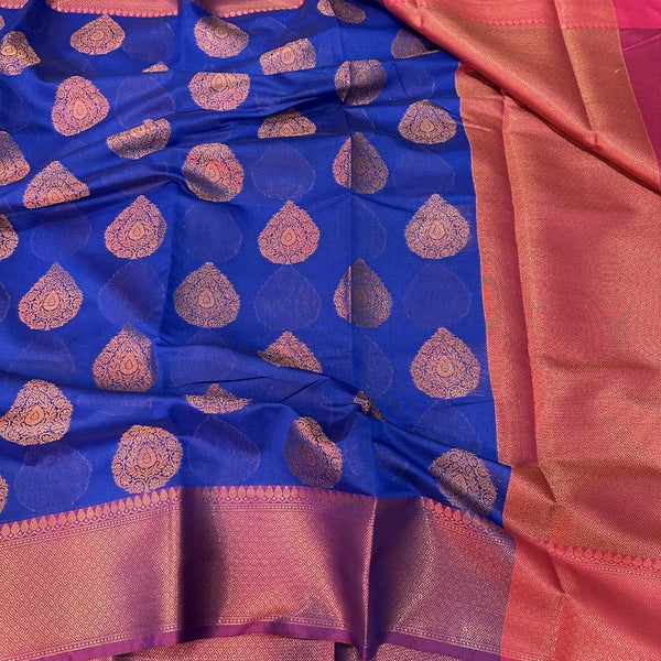 Royal Blue Cotton Silk Buta Banarasi Saree