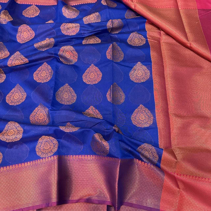 Royal Blue Cotton Silk Buta Banarasi Saree