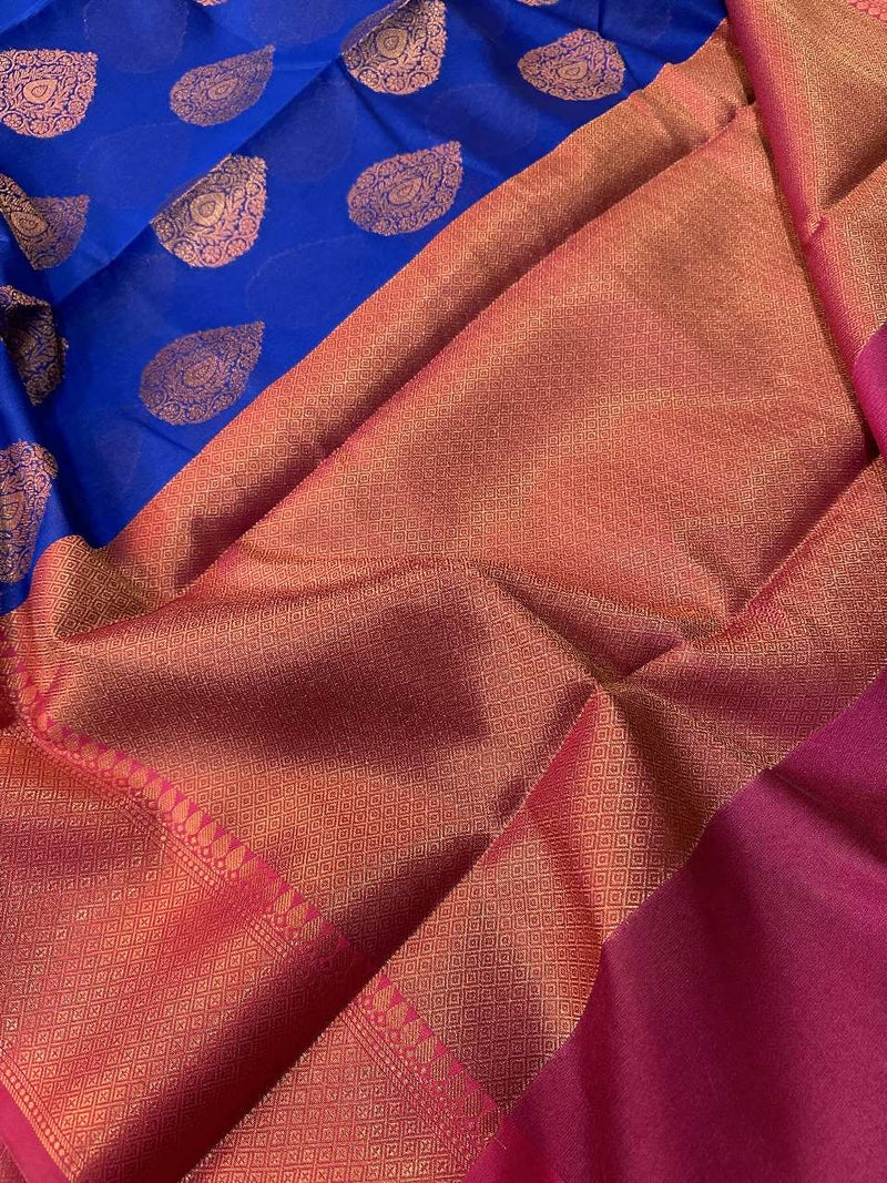 Royal Blue Cotton Silk Buta Banarasi Saree