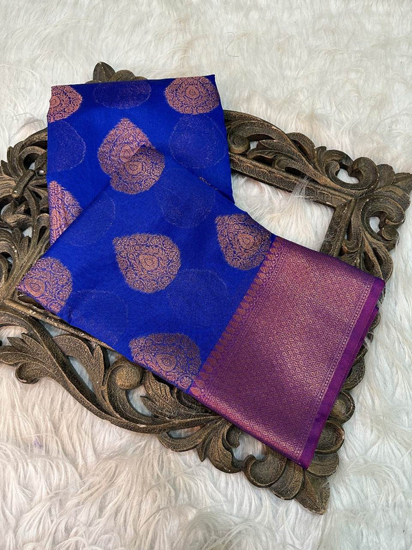 Royal Blue Cotton Silk Buta Banarasi Saree