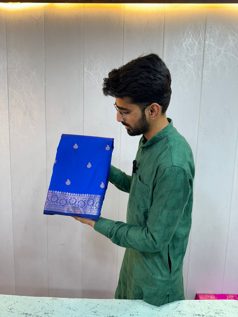 Royal Blue Mashru Katan Silk Khaddi Buti Banarasi Saree