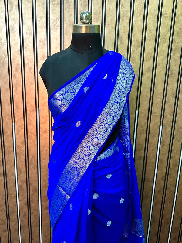 Royal Blue Semi Georgette Khaddi Banarasi Saree