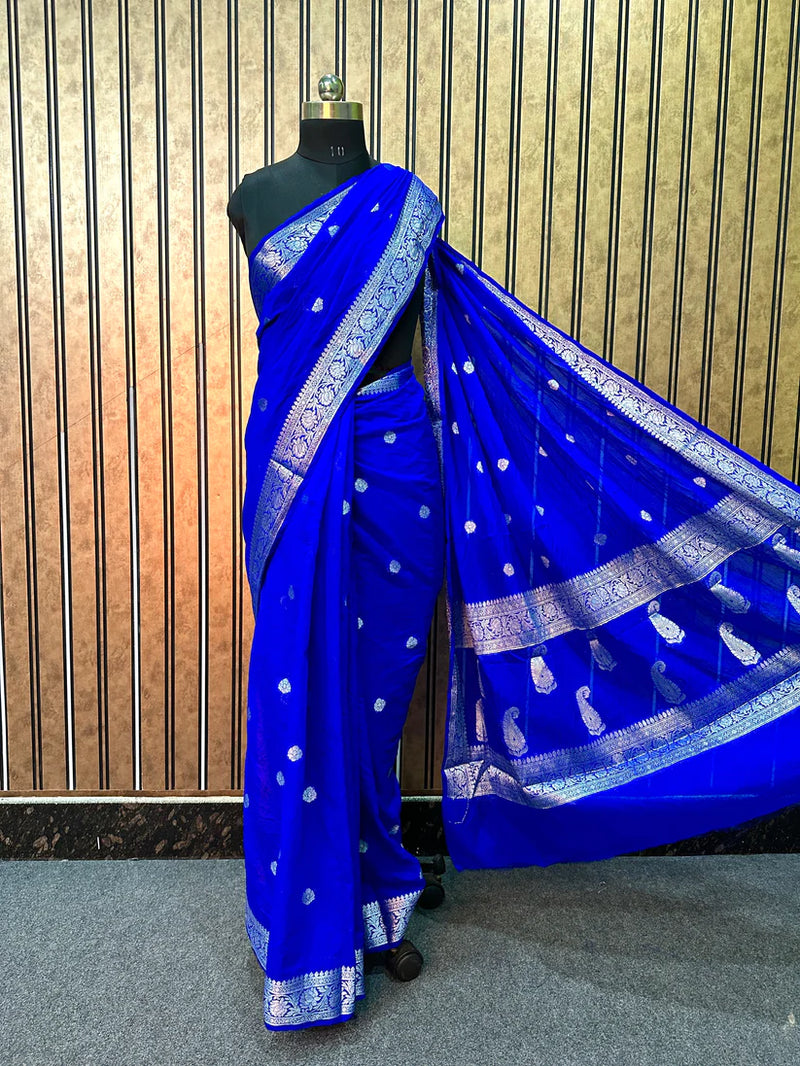 Royal Blue Semi Georgette Khaddi Banarasi Saree