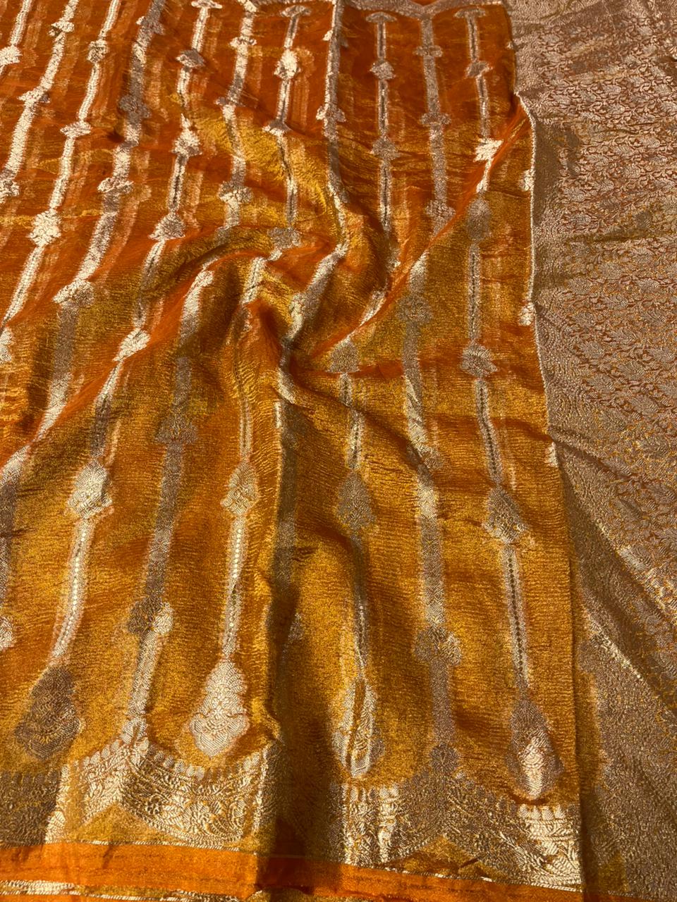 Rust Orange Crush Tissue Silk Banarasi Saree