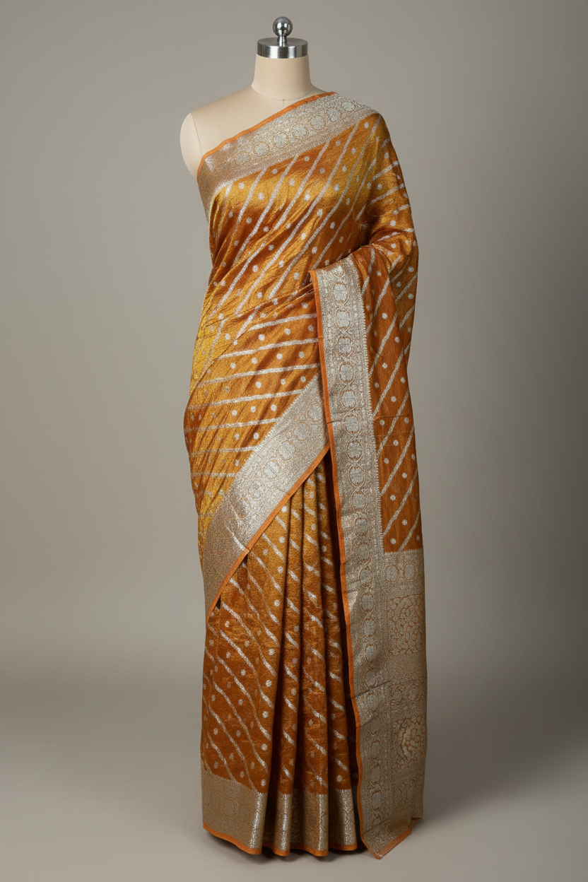 Rust Orange Crush Tissue Silk Banarasi Saree